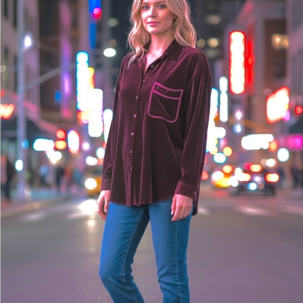 Velvet/ Velour Button Up Burgundy Long Sleeve Top fits M-XL